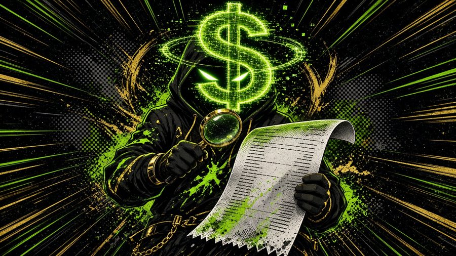 Hooded investigator with a glowing dollar sign for a head, checking a long receipt with a magnifying glass